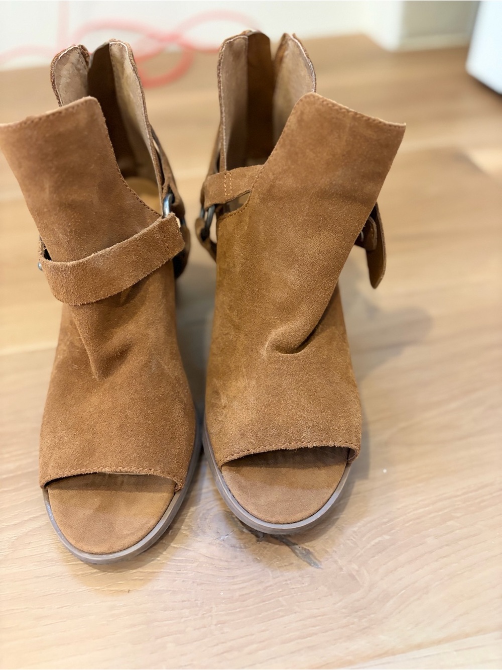 Crown Vintage Tan Suede Open-Toe Ankle Booties